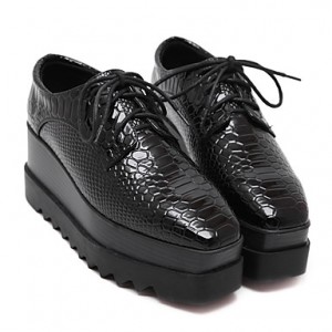 Women's Shoes Four Season Platform Creepers Lace-up Square Toe Black Shoes